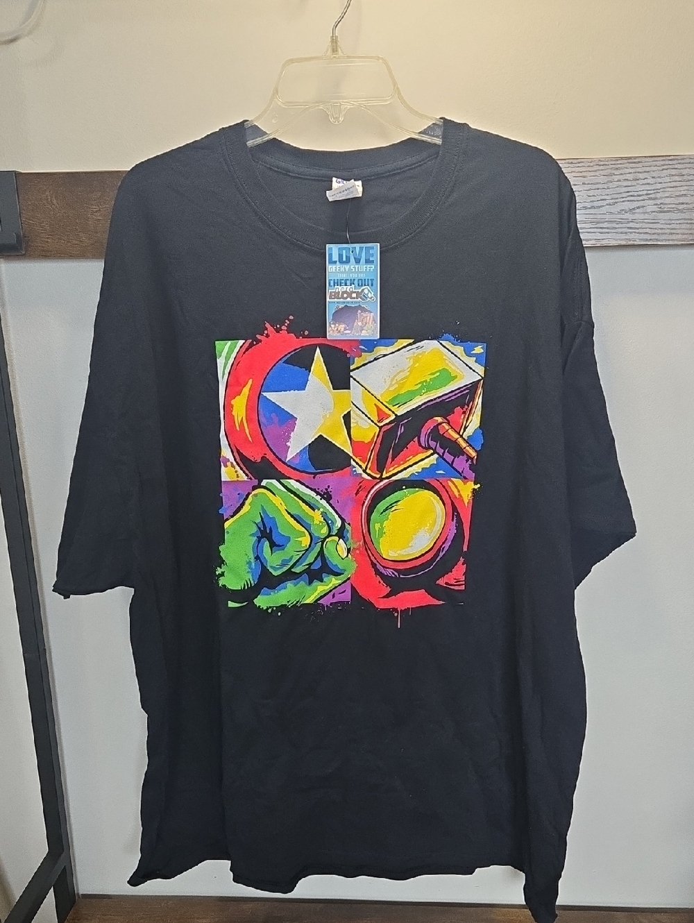 Gildan Black Short Sleeve Tee with Neon Comic Hero Graphic